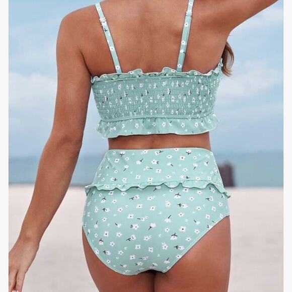 Light Blue Floral Ditsy Smocked Ruffle Trim Bandeau High Waisted Bikini Medium - Picture 1 of 14